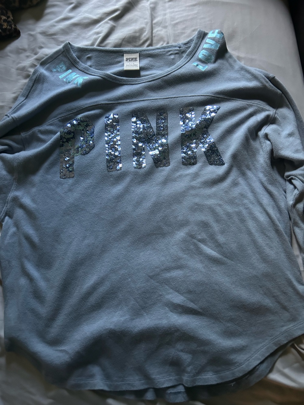 PINK Victoria's Secret Blue Sequin Logo Long Sleeve Sweatshirt